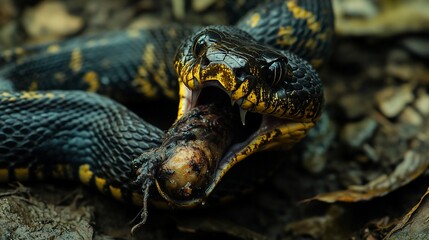 Fototapeta premium Black snake eating prey in forest floor