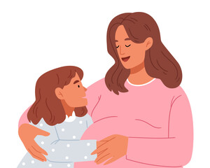 Daughter girl hugs pregnant mother. Waiting for a baby brother or sister.Kid touching, hugging and feeling new baby in pregnant mom belly.