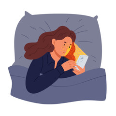Girl looks at her phone before going to bed. Insomnia.internet surfing, gadget addiction concept