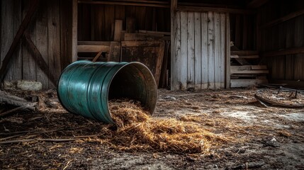 Abandoned Barn with Spilled Straw from Overturned Barrel