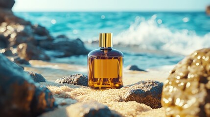 Design a product placement with a natural body lotion bottle on rocks, surrounded by a serene beach with soft sand and gentle waves. The product should be illuminated with natural sunlight 