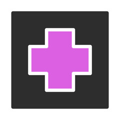 Pink cross symbol icon on gray square background