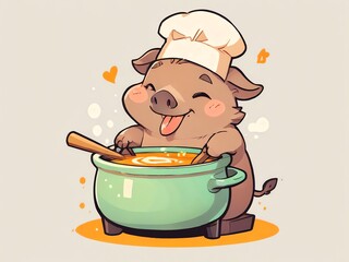 Adorable Chef Pig Cooking Delicious Soup