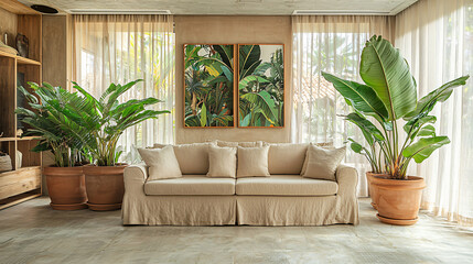 Fototapeta premium A tropical-inspired living room filled with large potted plants, offering a refreshing ambiance. The beige linen sofa complements the natural feel, and sheer curtains allow plenty of sunlight to pour 