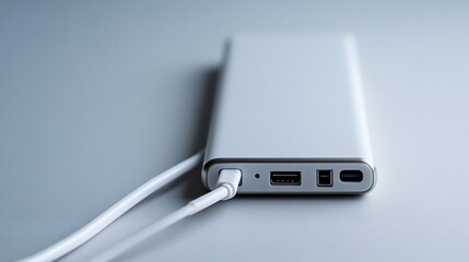 Fototapeta premium White power bank charging on desk, cables connected