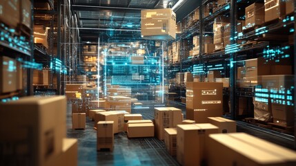 A futuristic warehouse with neatly stacked cardboard boxes, overlaid with digital tracking grids and high-tech inventory systems.