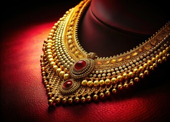 Obraz premium Elegant Gold Necklace on Red and Black Background - Luxury Jewelry Stock Photo