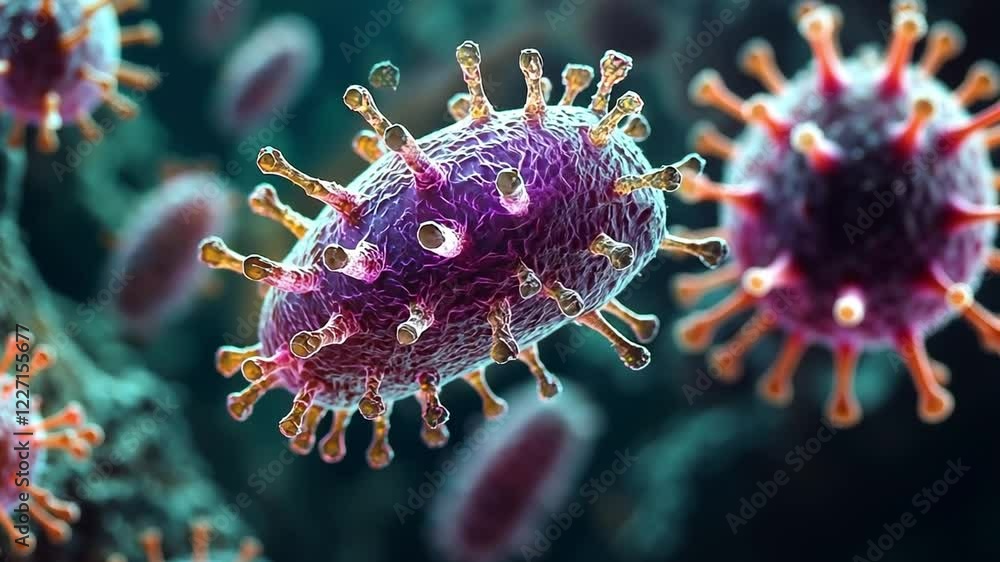 Poster close-up view of virus cells under a microscope showcasing intricate structures in vibrant colors