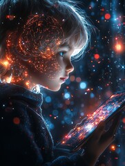 Naklejka premium A child employs a digital AI brain HUD with holographic effects and chat bot symbols to depict machine intelligence and blockchain