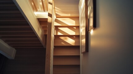 Obraz premium Sunlit wooden staircase, home interior, wall art, architectural detail, real estate