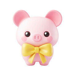 Adorable Pink Piglet with Yellow Bow Cute Cartoon 3D Render Isolated on White Background