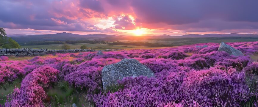 Panorama at Twilight over Rothbury Heather, situated on the terraces, provides views across the Coquet Valley to the Simonside and Cheviot Hills, with heather carpeting the hillside in summer