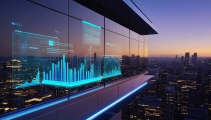Glowing holographic charts and graphs projecting onto a modern skyscraper's glass facade, creating a futuristic business data visualization against a vibrant sunset skyline