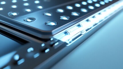 Futuristic device detail, glowing, close-up, technology background, advertising