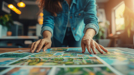 Woman reviewing prints, home office, sunlight, design project