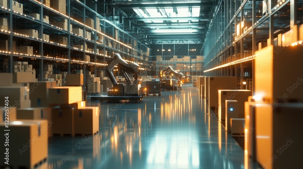 Poster a smart warehouse with automated robotic arms handling cardboard boxes, enhanced by digital technolo