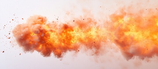 Fiery explosion stream, white background, debris, motion effect, VFX