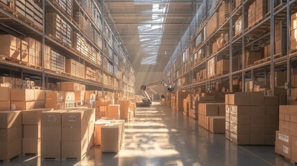 A smart warehouse with automated robotic arms handling cardboard boxes, enhanced by digital technology overlays and data analytics.