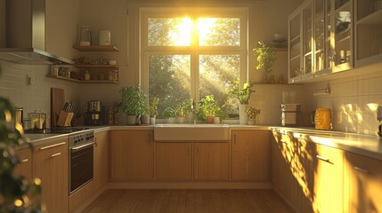 Sunlit kitchen, plants, morning, cozy home, interior design