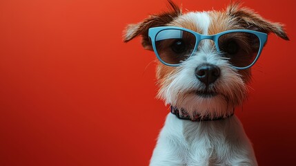 Heart-shaped sunglasses-clad Terrier dog against a vibrant red background, suitable for Valentine's Day cards or banners