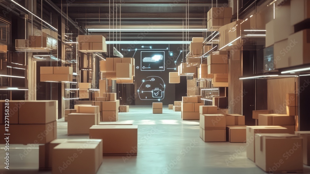 Poster an iot-powered warehouse with smart sensors tracking cardboard packages, visualized through floating