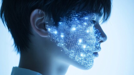 Child's face, digital overlay, futuristic background, AI concept, tech ad