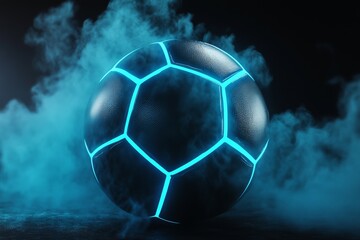Naklejka premium black soccer ball with bright blue glowing neon lines on black background with smoke
