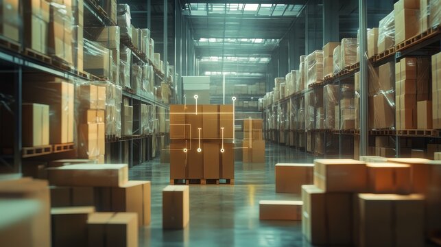 An IoT-powered warehouse with smart sensors tracking cardboard packages, visualized through floating holographic digital dashboards.
