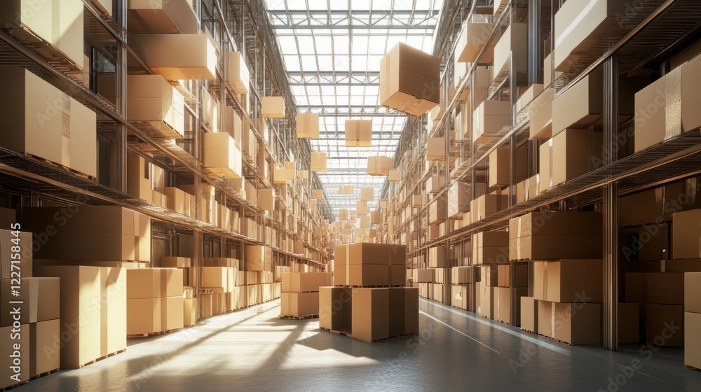 Poster an iot-powered warehouse with smart sensors tracking cardboard packages, visualized through floating