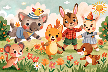 Fototapeta premium Animals playing in the flowers garden