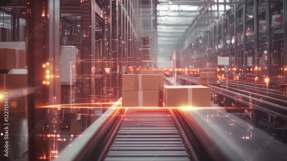 Poster automated warehouse scene with conveyor belts moving cardboard boxes, highlighted with digital techn