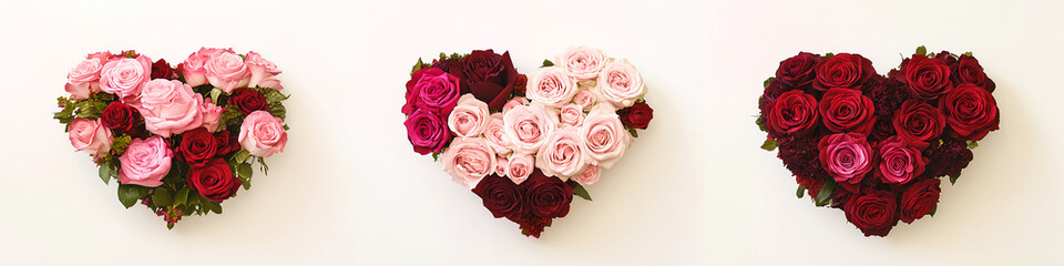 Obraz premium A set of four heart-shaped arrangements made from roses in various shades, including pink and red, arranged on a white background. 