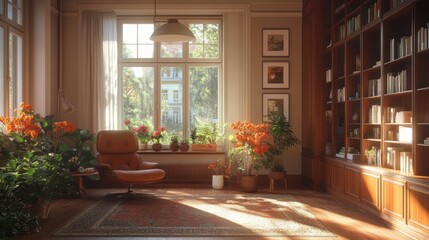 Sunlit library with armchair, books, plants