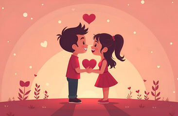 Happy young lovers couple. Illustration of a Valentine's Day in a cartoon style. Happy Valentine's Day.