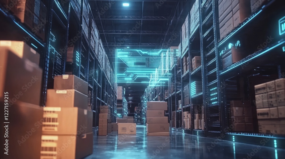 Poster digital inventory tracking system displayed over stacked cardboard boxes in a high-tech warehouse, s