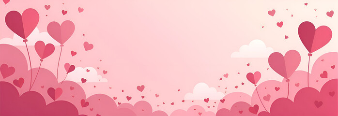Valentine's Day greeting card with red hearts. Horizontal banner on a pink background. Space for the text.