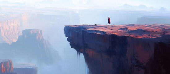 Lone figure on clifftop, misty canyon background, solitude concept