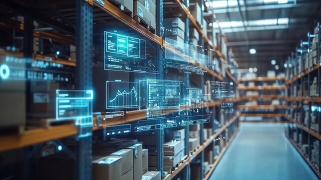 Digital inventory tracking system displayed over stacked cardboard boxes in a high-tech warehouse, symbolizing automation and efficiency