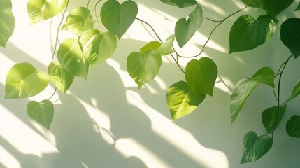 Obraz premium Sunlight illuminates heart-shaped leaves on a vine against a wall, ideal for nature-themed design