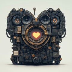 Fototapeta premium Steampunk Heart Machine Futuristic Robotic Love Device with Speakers and Gears