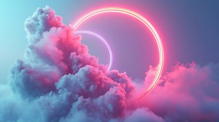 Neon rings above cloudscape; futuristic, dreamy backdrop for design
