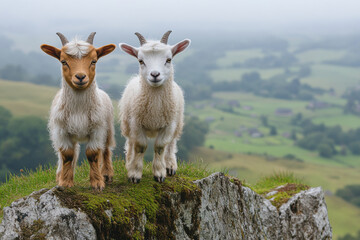 Obraz premium Two small goats are positioned on a grassy hill, gazing out over a lush valley. The sky is cloudy, creating a serene atmosphere in this natural setting.