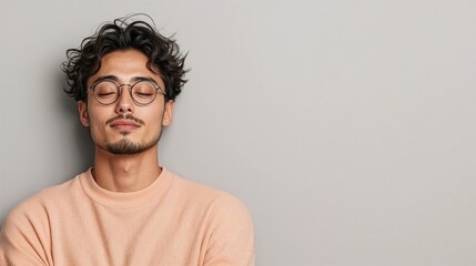 Fototapeta premium Calm young man in glasses with closed eyes against gray background.