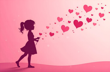 Fototapeta premium Happy Valentine's Day. Horizontal banner, romantic background. Illustration of a woman in love. Lady are waiting for love.