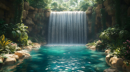 A serene waterfall cascading into a tranquil pool surrounded by lush greenery.