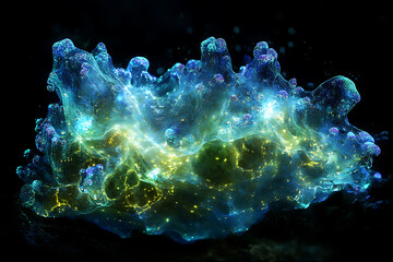 Colorful abstract formation resembling a luminous water splash with glowing textures in dark background
