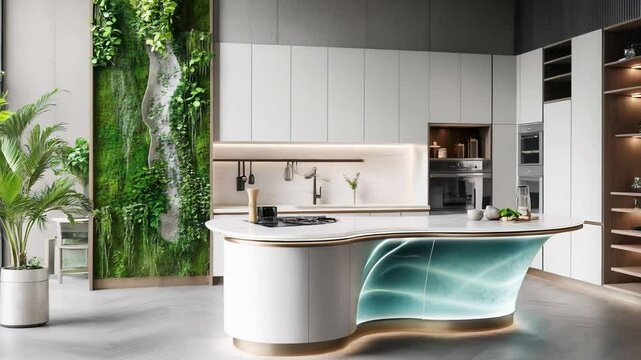 Levanto kitchen with smooth cabinetry in matte white and a gradient glass backsplash transitioning from light beige to teal. The island features