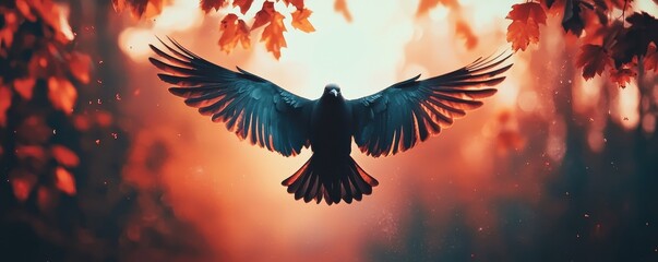 Majestic Black Bird in Flight Autumn Leaves Sunset Glow Nature Photography