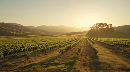 Vineyard sunset, valley landscape, agriculture, California, winemaking