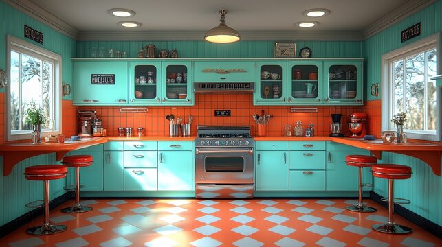 An inviting kitchen space, adorned with retro furniture and appliances